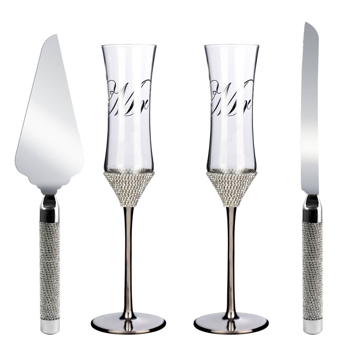 Hausgarten Silber Metall Füße Diamant Champagner Cup Cake Messer Schaufel 4 Stück Set für Kuchen Backen Hochzeit Weinglas Supplies_voghion.com