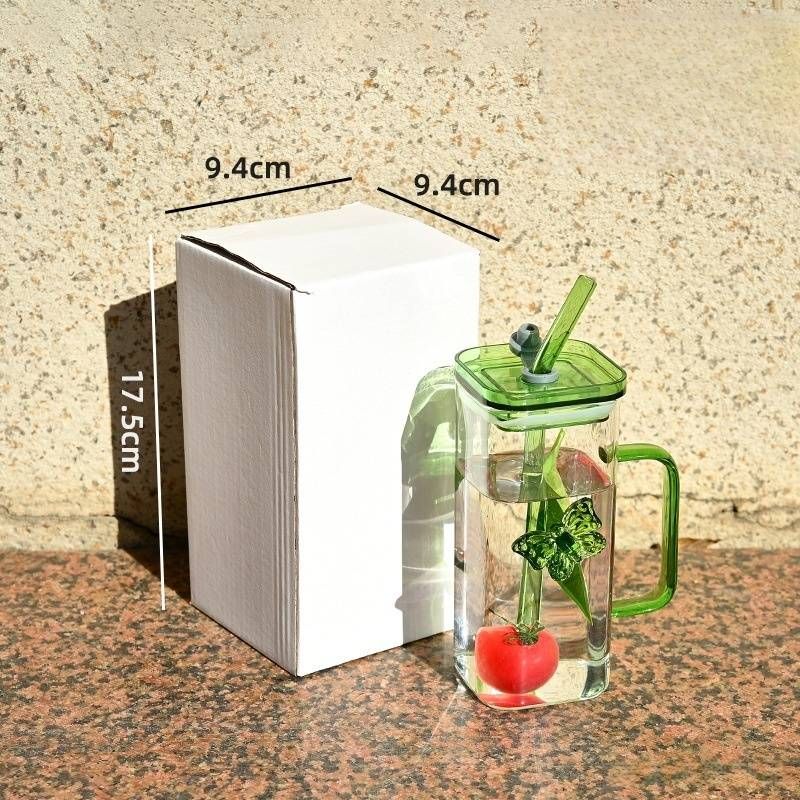 Square Glass Butterfly Cup With Lid & Handle - Aesthetic Home Drinking Glass With Straw, High Borosilicate Heat-Resistant_voghion.com