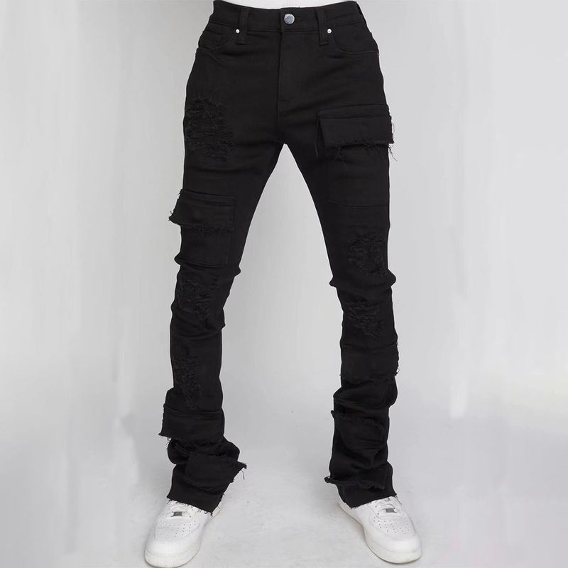 Pantalon de travail pour homme, coupe droite, tendance, extensible, déchiré, en denim, à superpositions, micro-évasé_voghion.com