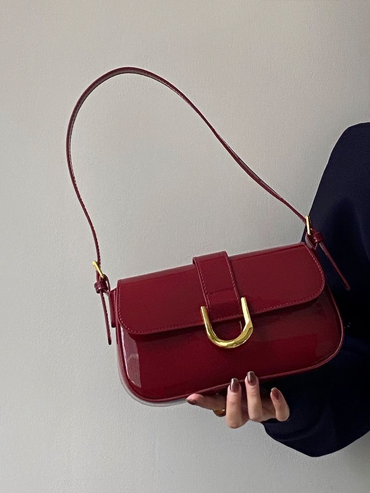 Borse da donna Borsa a tracolla di alta qualità per le donne Autunno e inverno Nuovo retrò Vino rosso Fibbia a ferro di cavallo Piccola borsa quadrata Borsa a tracolla sottobraccio_voghion.com