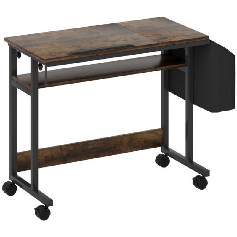 HOMCOM Höhenverstellbar Schreibtisch, 92 X 40 Cm, Computertisch Mit Rollen, Neigbar Plattform, Aufbewahrungstasche, Für Arbeitszimmer, Büro, Stahl, Rustikales Braun_voghion.com