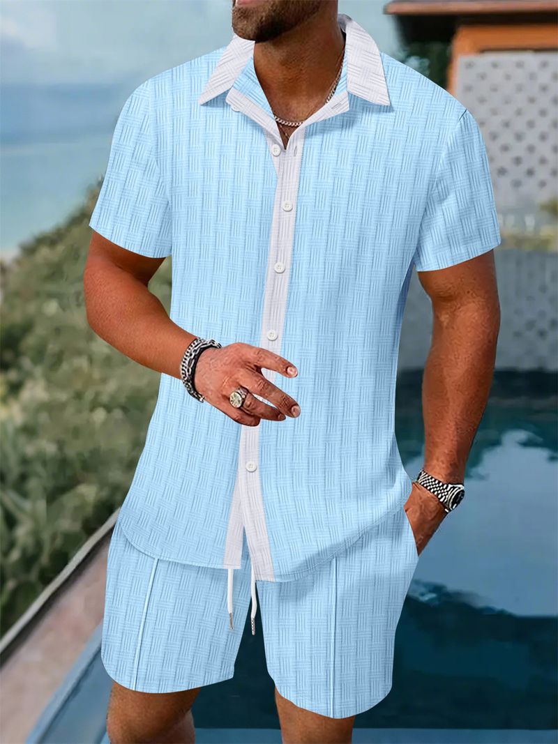 Men's Clothing Colorblock Shirt Casual Short Sleeved Shorts Beach Suit_voghion.com