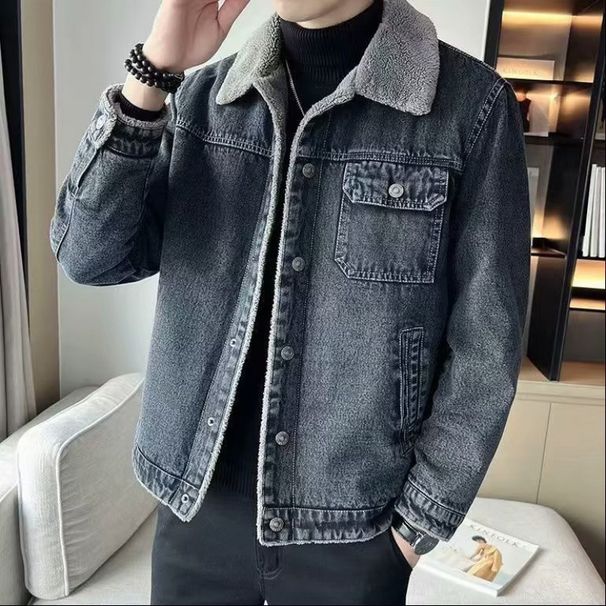 Men's Denim Jacket With Fleece And Men's Lamb Fleece Slim Fit Collar Casual Jacket Thick_voghion.com