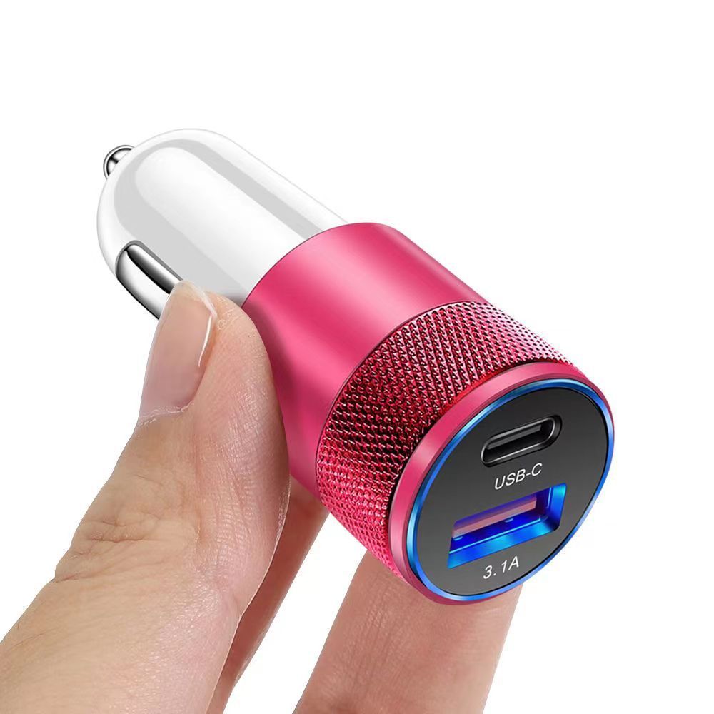 Caricabatteria da auto USB-C+USB in lega di alluminio con piccolo cannone in acciaio da 3,1 A USD+PD_voghion.com