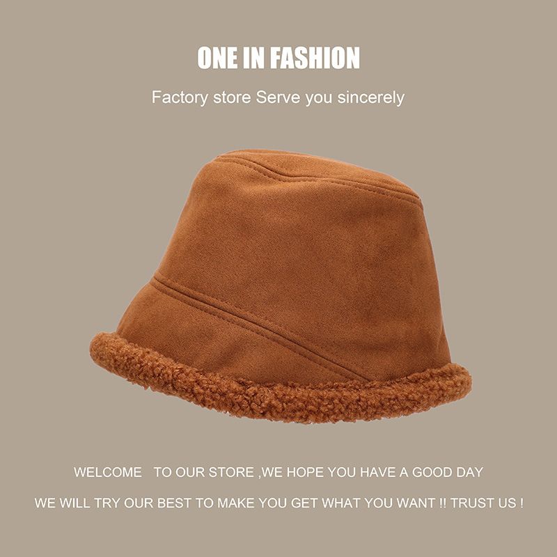 Plain Face Covering Versatile Suede Fisherman Hat Lamb Wool Autumn and Winter Face Small Solid Color Bucket Hat Basin Hat_voghion.com