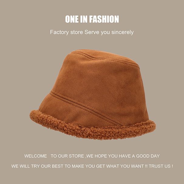 Plain Face Covering Versatile Suede Fisherman Hat Lamb Wool Autumn and Winter Face Small Solid Color Bucket Hat Basin Hat_voghion.com
