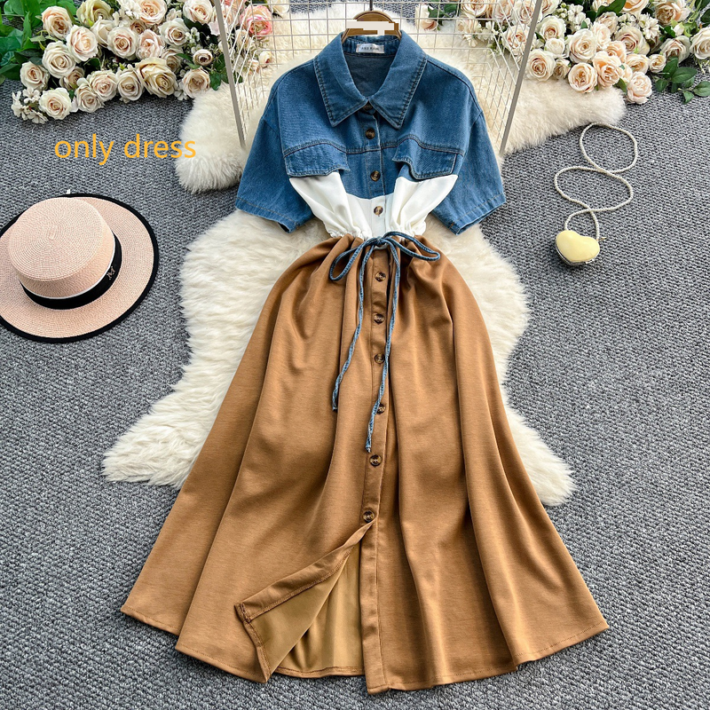 Women's Clothing Fashionable Brand Large Size Color Matching Drawstring Waist Denim Shirt Long Short-sleeved Dress For Women Spring And Summer_voghion.com