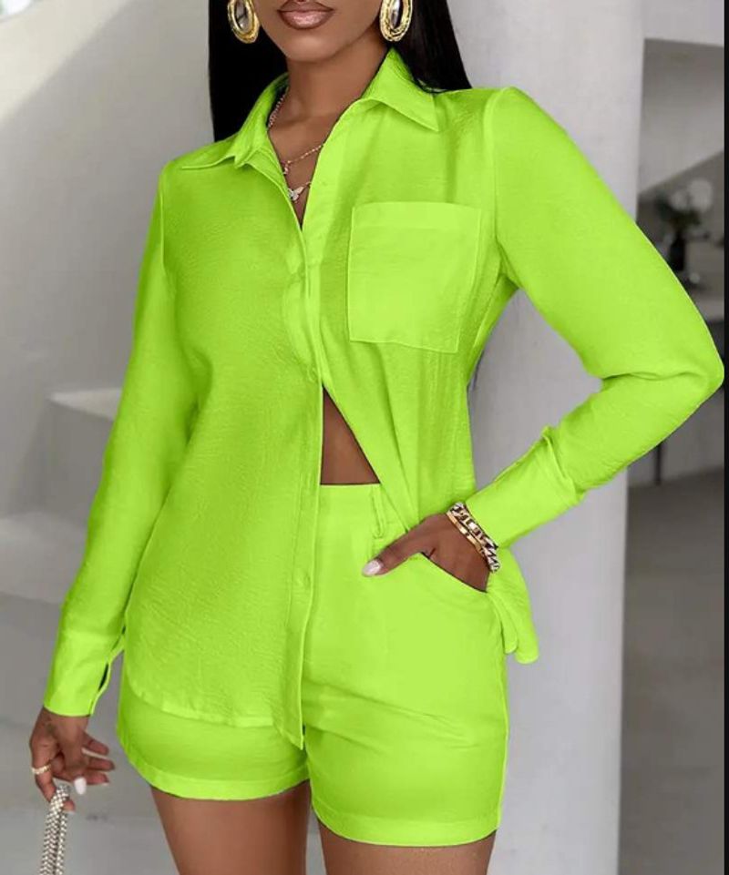 Ensemble deux pièces élégant pour femme, chemise à manches longues et short de couleur unie_voghion.com