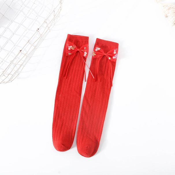 Børnetøj Børnesokker Efterår og Vinter National Stil Trend Sløjfe Store Røde Kalvesokker Piger Prinsessestil Nytår Røde Bomuldssokker_voghion.com
