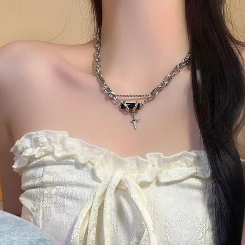 Unisex Cross Necklace With Black Zircon And Tassel, Popular On , Heavy Craft Cuban Chain Pendant_voghion.com