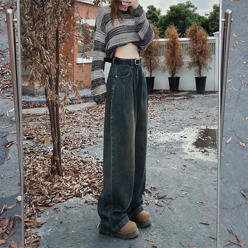 Velvet straight jeans winter new style, small height, high waist, pleated and slimming, wide leg pants for women's_voghion.com
