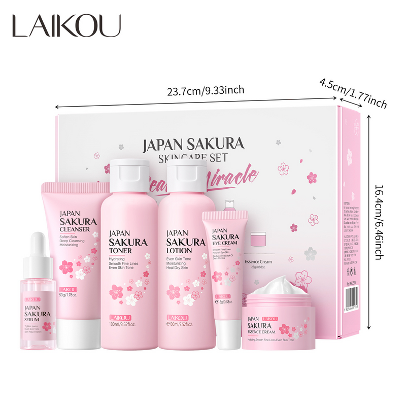 LAIKOU Sakura Hautpflege-Set, 6-teilig, Reiniger, Toner, Hautpflegelotion, Essenz, Augencreme, Essenzcreme_voghion.com