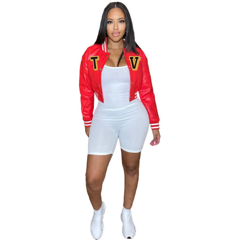 Vêtements pour femmes Site indépendant nouveau haut de veste d'uniforme de Baseball à manches en cuir fileté épissé_voghion.com