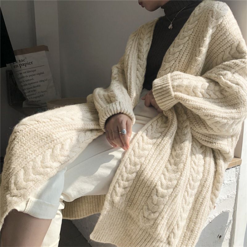 Cardigan in maglieria da donna moda retrò semplice maglione lungo sciolto e spesso_voghion.com