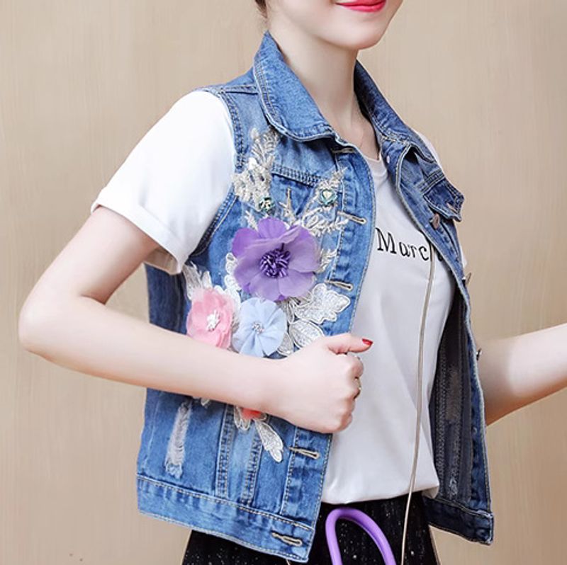 Dametøj kraftig tredimensionel blomst denimvest til kvinder, slim fit, slim vest, stor størrelse, slidt hul vest jakke_voghion.com