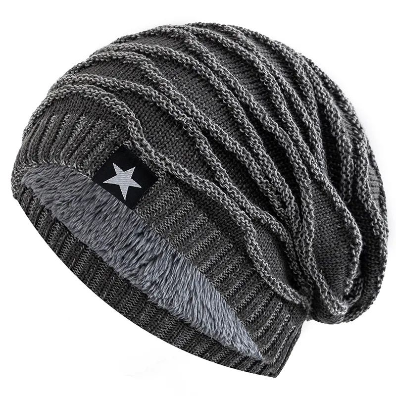 New Unisex Slouchy Add Fur Lined Men And Women Warm Beanie Cap Casual Five-pointed Star Decor Winter Knitted Hats_voghion.com