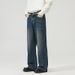 Men's Clothing Straight Half Elastic Waist Jeans Washed Vintage Wide Leg Long Pants_voghion.com