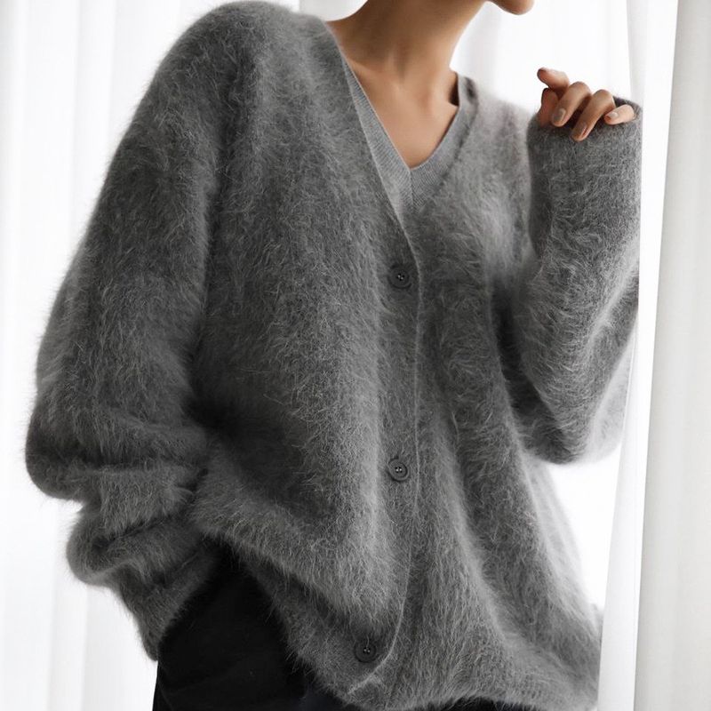 Damenbekleidung Nerz V-Ausschnitt Strickpullover Herbst und Winter neuer lockerer einfarbiger Strickjacke Damenmantel_voghion.com