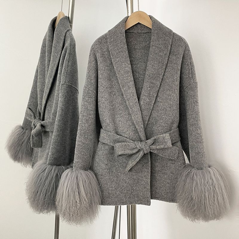 Damenbekleidung, luxuriöser doppelseitiger Wollmantel aus Kaschmirmischung mit Bündchen aus Fuchspelz, elegante lockere Passform, lange und kurze Modelle (Grau, Beige, Haferflocken)​_voghion.com
