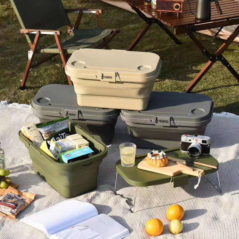 Outdoor folding storage box Spring camping folding table picnic portable storage basket Picnic basket comes with small table board_voghion.com