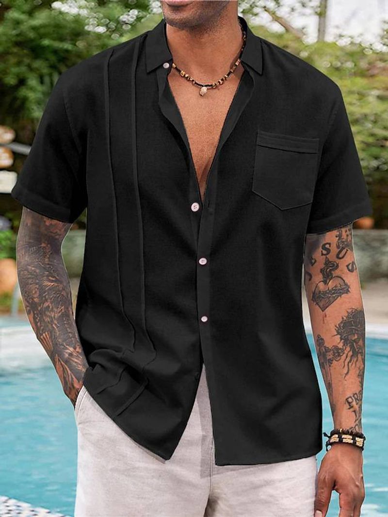 Men's Clothing Cotton And Linen Casual Short-Sleeved Shirt Lapel Solid Color_voghion.com