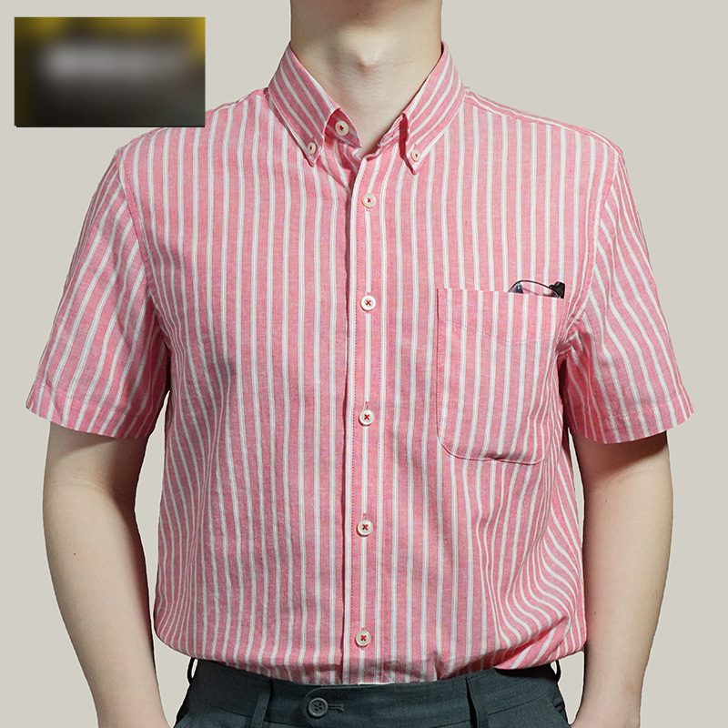 Herenkleding Katoenen en linnen overhemd met korte mouwen voor de zomer Heren verticale strepen High-end casual anti-kreuk ademend verfrissend overhemd_voghion.com