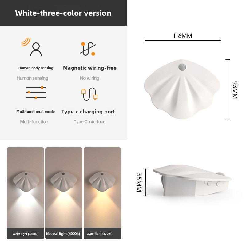 Luce notturna a LED con sensore di movimento intelligente e supporto magnetico - Ricaricabile, certificata CE, guscio in ABS regolabile in 3 colori, design brevettato: forma a conchiglia_voghion.com