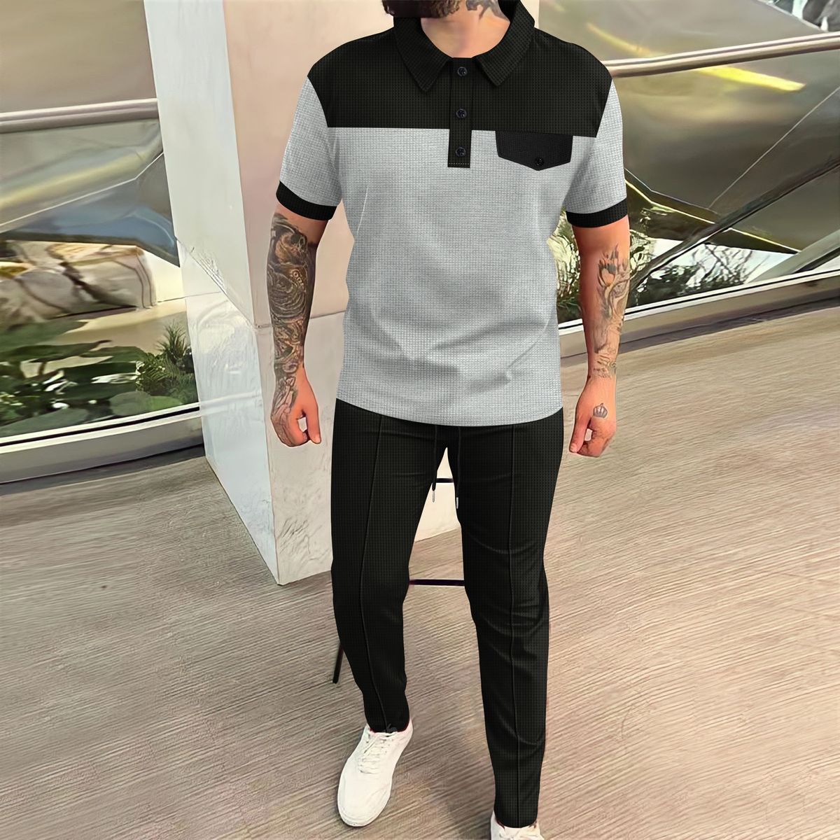 Herenkleding Nieuwe wafelkleurige stiksels Revers Borstzak Knoop Korte mouwen Broek Pak_voghion.com