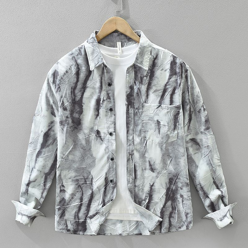 Camicia a maniche lunghe retrò tie-dye da uomo, alla moda e versatile, top ampio e casual._voghion.com