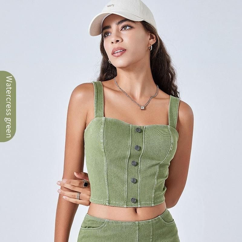 Dameskleding Nieuwe kleur denim yoga sporttops voor dames met hoge elasticiteit, strakke pasvorm en borstvulling voor fitnesskleding. Vest_voghion.com