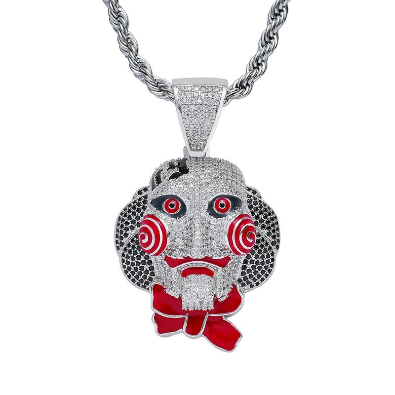 Unisex Necklace Hip Hop Chainsaw Mask Doll Pendant Personality Exaggerated Men's Full Zirconium Hip Hop Accessories_voghion.com