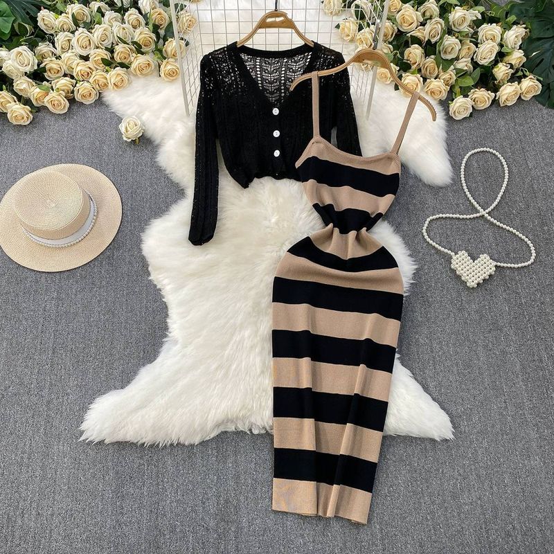 Women's Clothing V Neck Hollow Knitted Long Sleeved Sunscreen Cardigan Short Jacket Striped Temperament Suspender Dress Set_voghion.com
