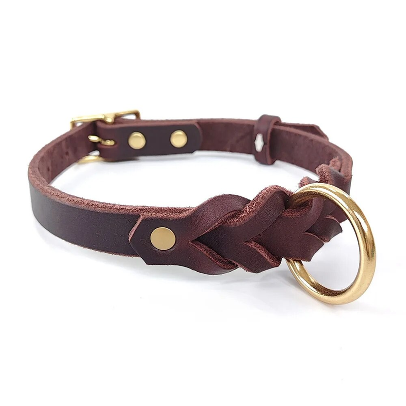 Hochwertiges, echtes, geflochtenes Halsband, verstellbar, weiches, echtes Leder, Trainingshalsband für Haustiere mit rostfreien Metallbeschlägen_voghion.com