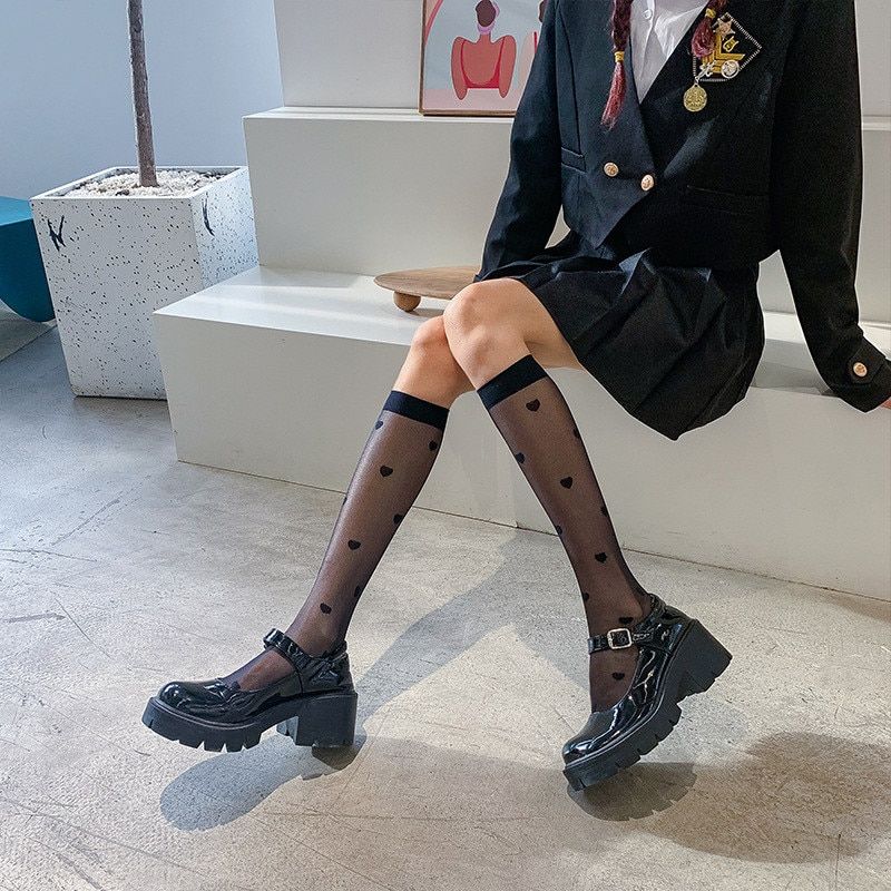 Sexy JK Women Stocking Lolita Uniform Thin Long Socks Silk Stockings Love Heart See Through Black Knee Sock Summer_voghion.com