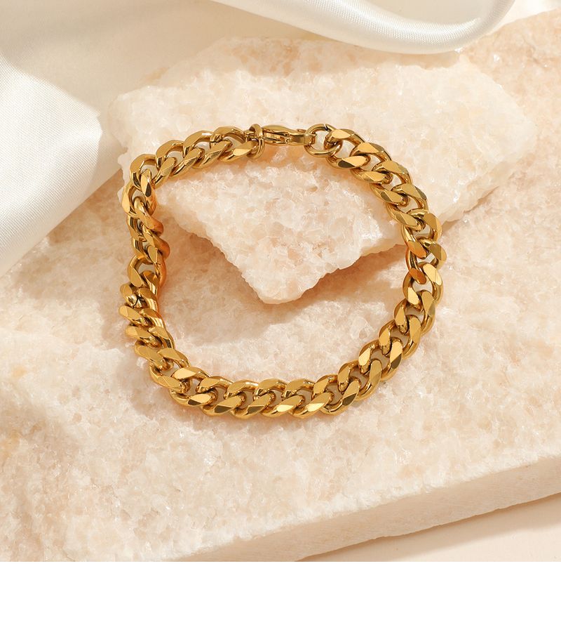 Modetrend rustfrit stål armbånd ægte guld galvanisering glat tekstur titanium stål cubansk kæde damesmykker_voghion.com