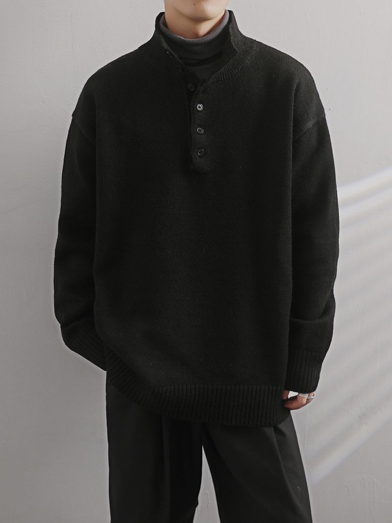 Herren-Pullover mit halbem Rollkragen, lockerer Strickpullover mit Knopfkragen, lockeres Schößchenoberteil_voghion.com