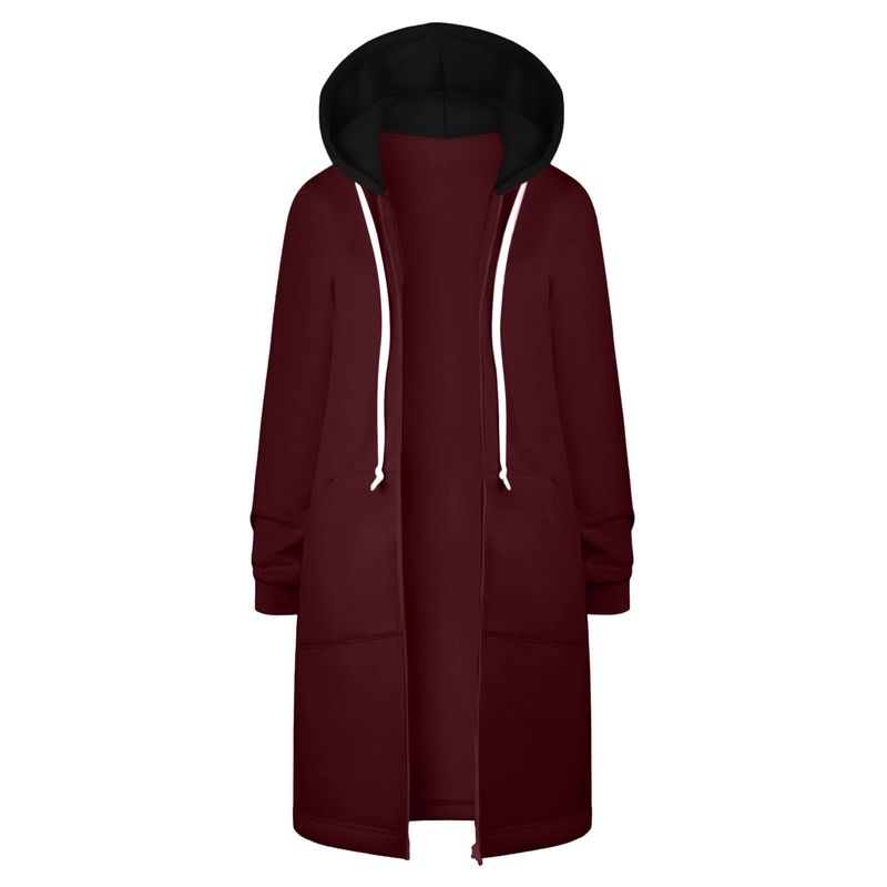 Abbigliamento da donna inverno caldo stile color block a maniche lunghe con cappuccio felpa dritta con cerniera extra lunga che copre i fianchi_voghion.com