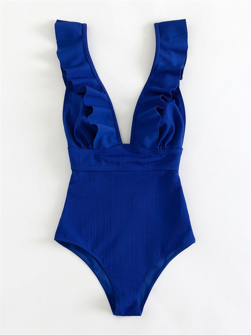 Damenbekleidung Einteiliger Badeanzug mit Rüschen, einfarbig, mehrfarbig, dreidimensional gestreift, sexy_voghion.com