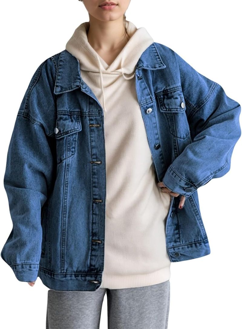Übergroße Jeansjacke für Damen – Truckerjacke im Boyfriend-Stil mit entspannter Passform, Hellblau und Dunkelblau_voghion.com