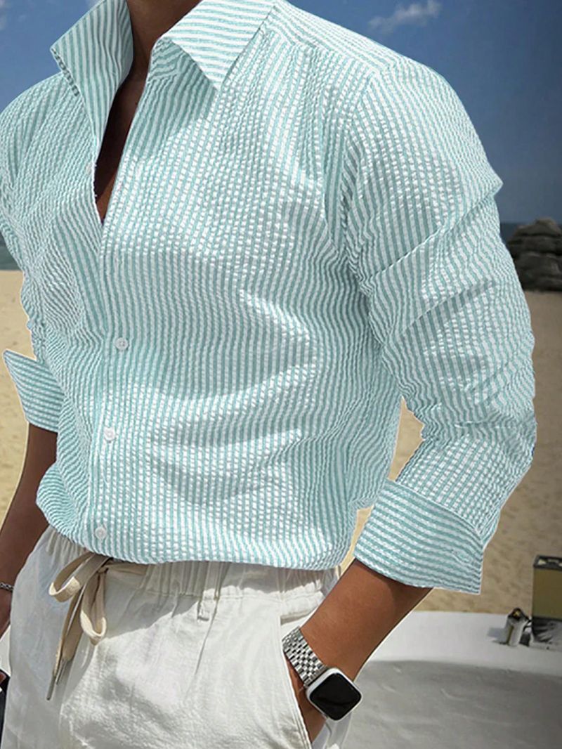 Men's Clothing Ordinary Youth Slim Striped Cardigan Lapel Long Sleeve Shirt Handsome Shirt_voghion.com