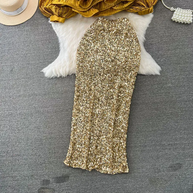Vêtements pour femmes Costume à la mode, tempérament féminin, chemise brillante à manches longues et col en V avec ourlet en feuille de lotus pour femmes, jupe à paillettes taille haute_voghion.com