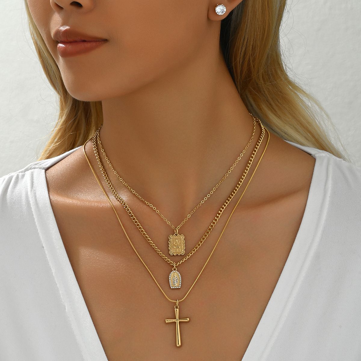 Personalisiertes Kreuz-Halsketten- und Ohrring-Set – mehrlagige Schlüsselbeinkette aus Sterlingsilber, bequeme Passform, christliches Schmuckgeschenk für Frauen_voghion.com