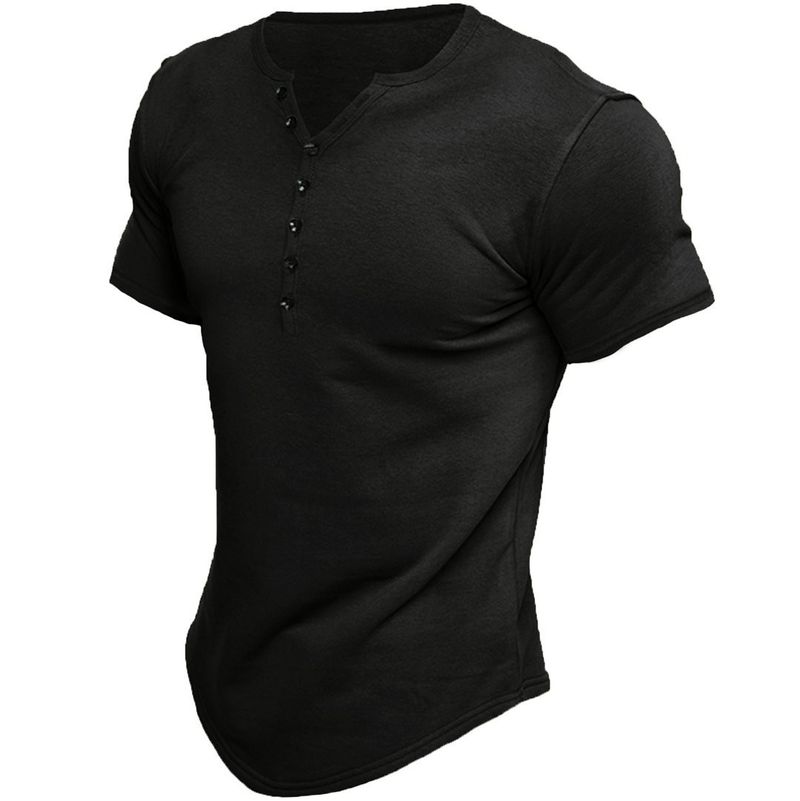 Chemises Henley pour hommes à manches courtes T-shirts de couleur unie pour hommes_voghion.com