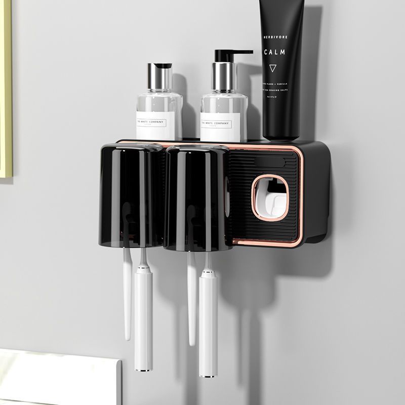 Wall-Mounted No-Drill Bathroom Black And White Transparent Cup Mouthwash Storage Rack Tooth Mug Toothpaste Toothbrush_voghion.com