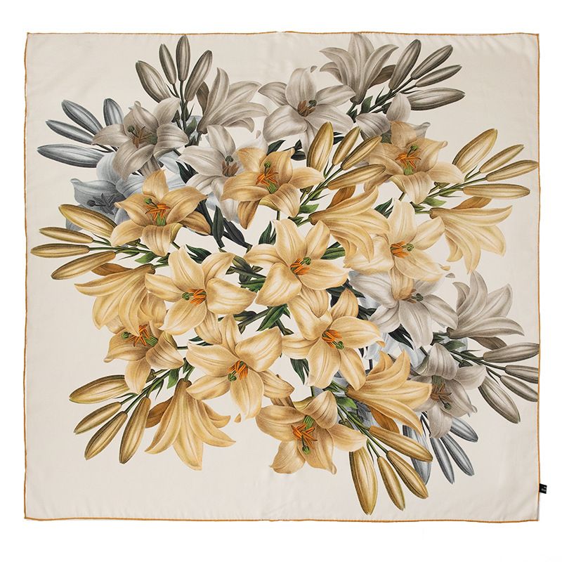 Sciarpa da donna sottile di alta qualità con stampa di giglio beige in 100% seta di gelso, confezione regalo 2024_voghion.com