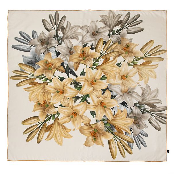 Sciarpa da donna sottile di alta qualità con stampa di giglio beige in 100% seta di gelso, confezione regalo 2024_voghion.com