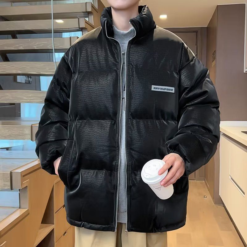 ​​Men's Winter Puffer Jacket - Thickened Polyester Coat, Oversized Fit, Stand Collar, Lightweight & Warm (Gray/Black/Beige)​​_voghion.com