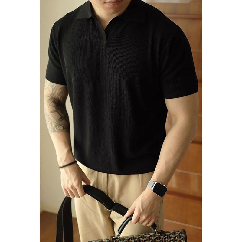 Men's Clothing Knitted Sweater Ice Silk Short Sleeved Men's Slim Business Polo Shirt V Neck Trendy T Shirt_voghion.com