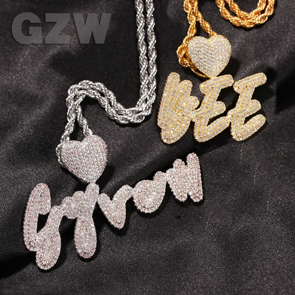 New Heart Cursive Initial Letter Custom Name Pendant Necklace ins Personalized Iced Out Cubic Zirconia CZ Real Gold Hip_voghion.com