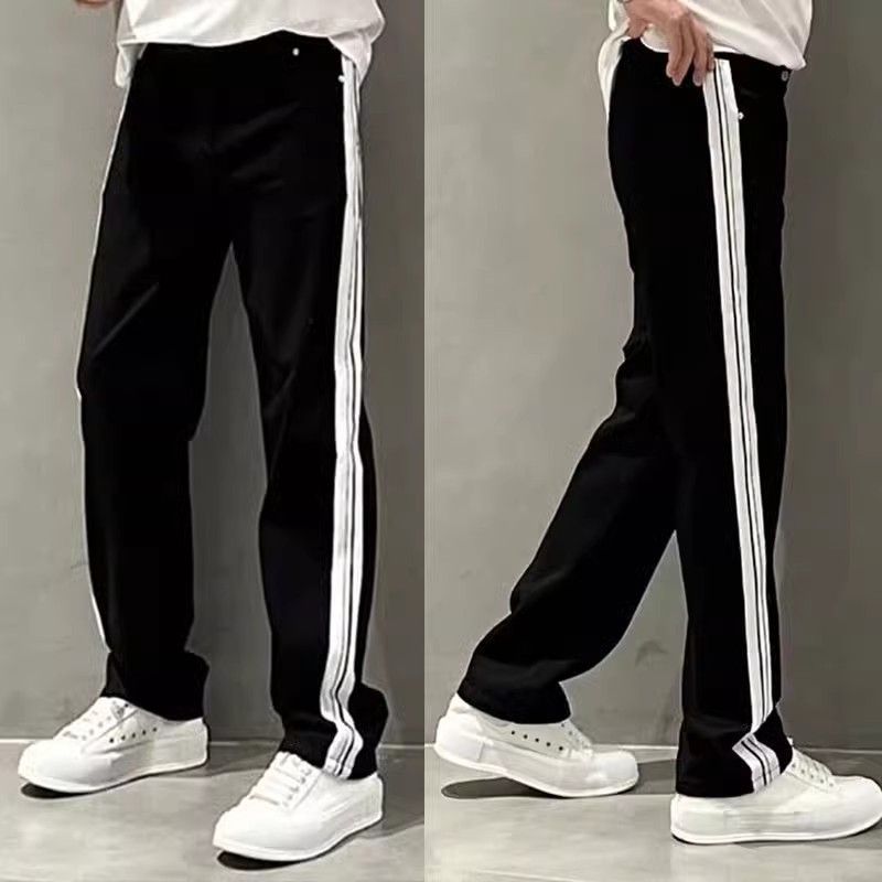 Men's Clothing Striped Stitching Straight Casual Pants Fashionable Loose White Jeans Men's Trend_voghion.com